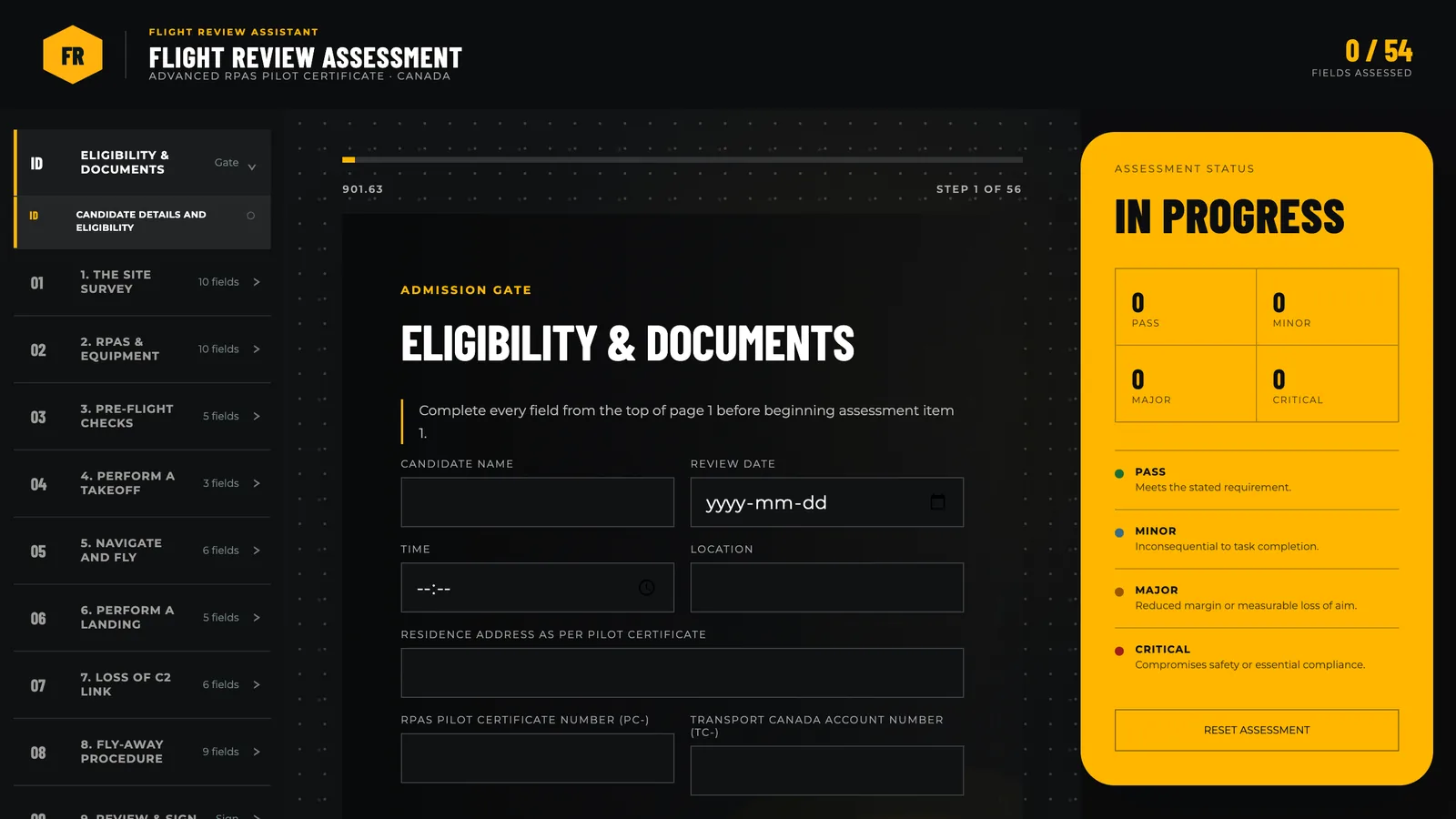 Screenshot of the Flight Review Assistant assessment interface