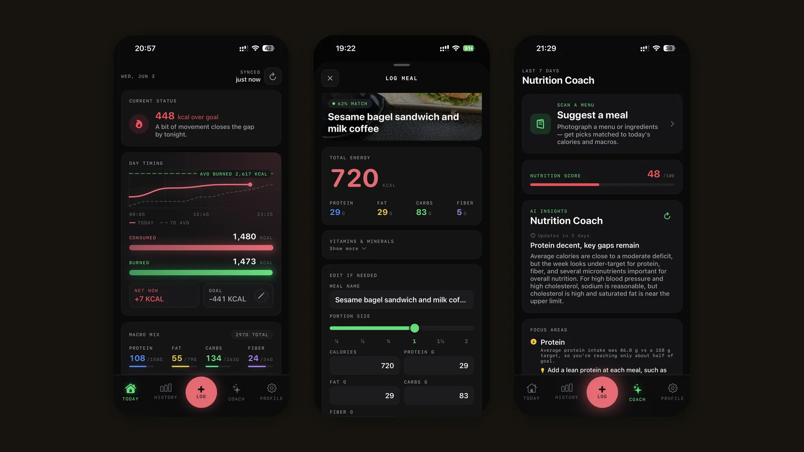 Three screens of the JustCalories iOS app: daily totals, meal logging, nutrition coach