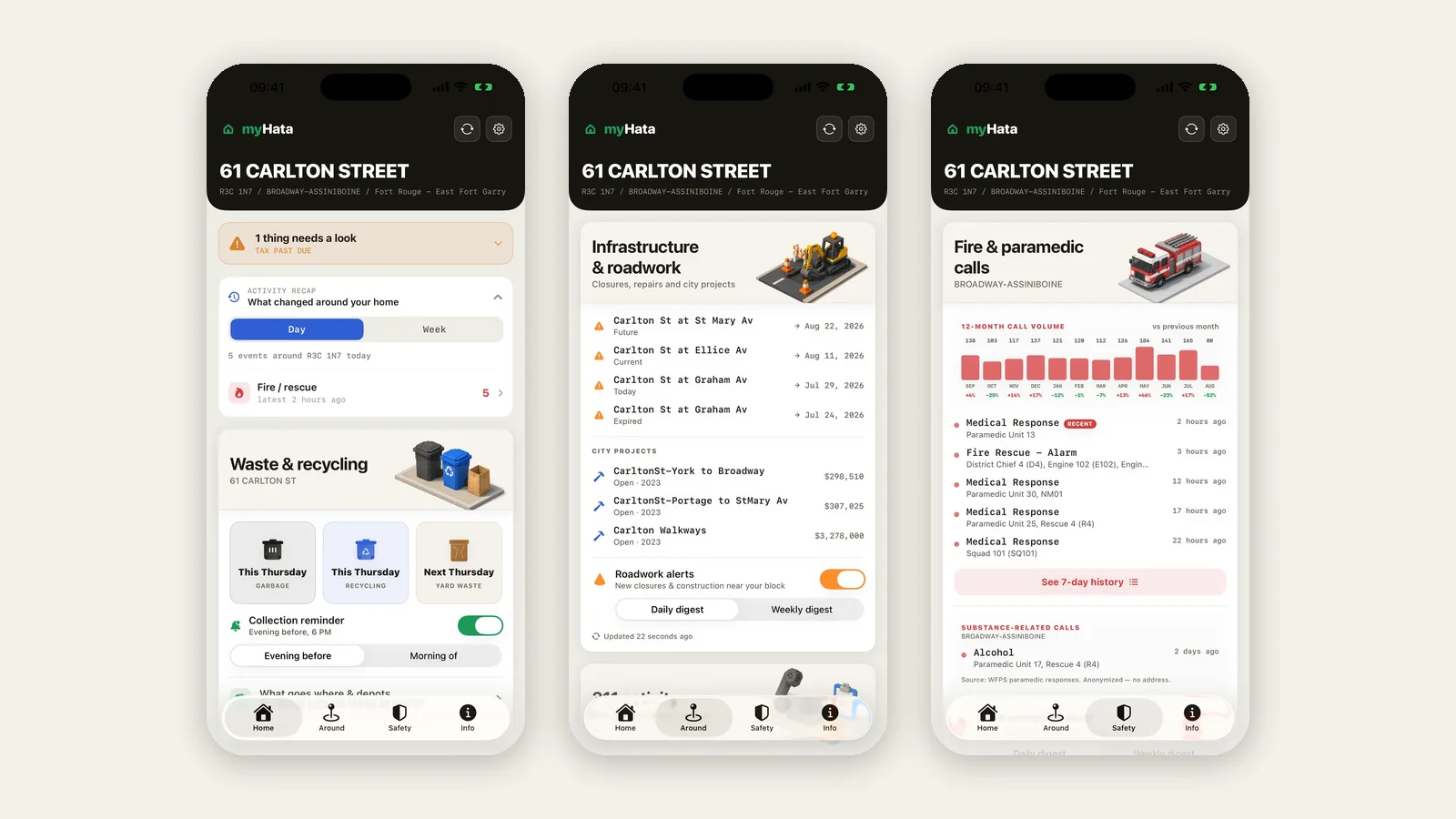 Three screens of the MyHata iOS app: home, infrastructure and roadwork, fire and paramedic calls