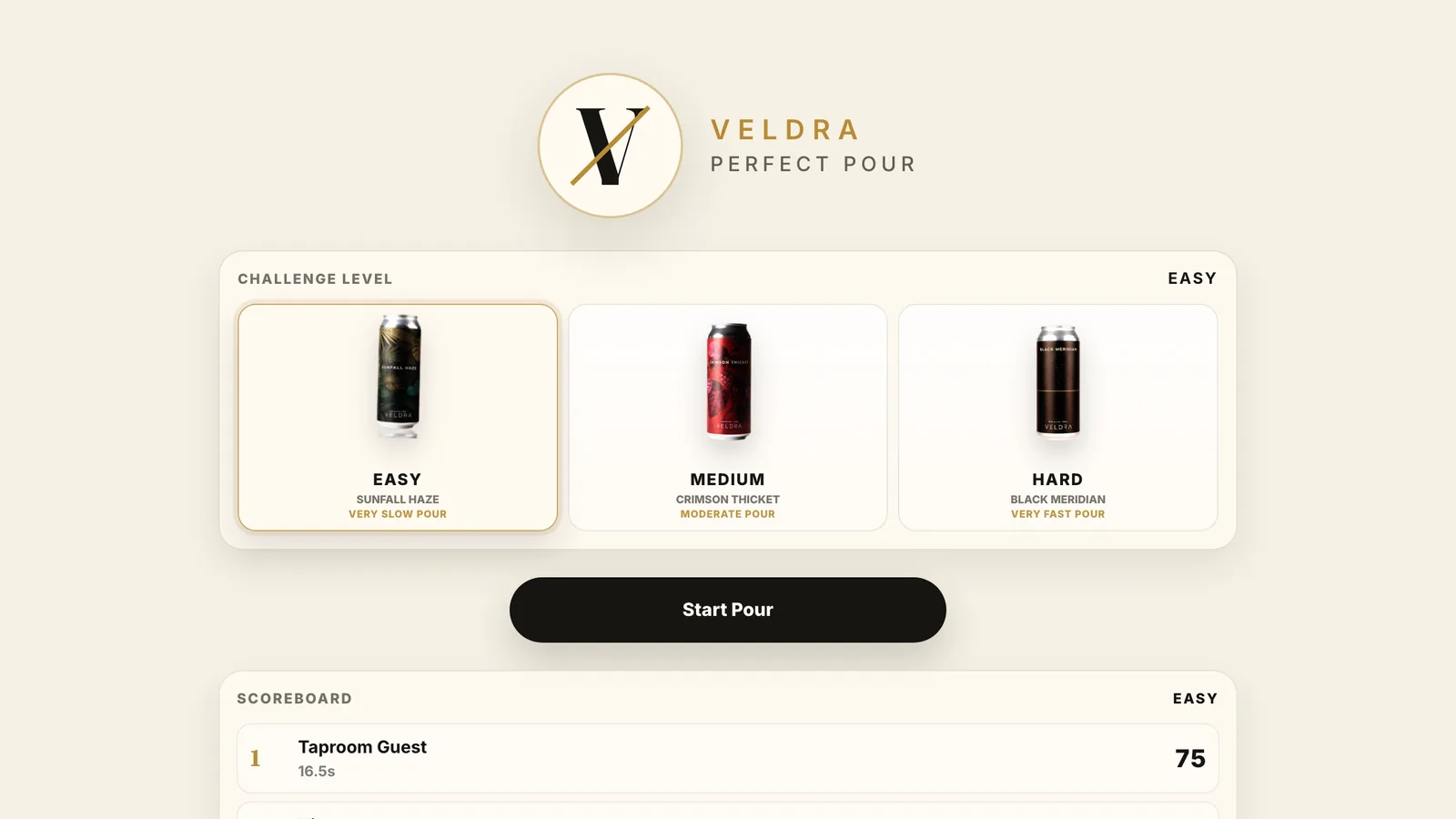 Screenshot of the Veldra Perfect Pour game: challenge levels and a scoreboard